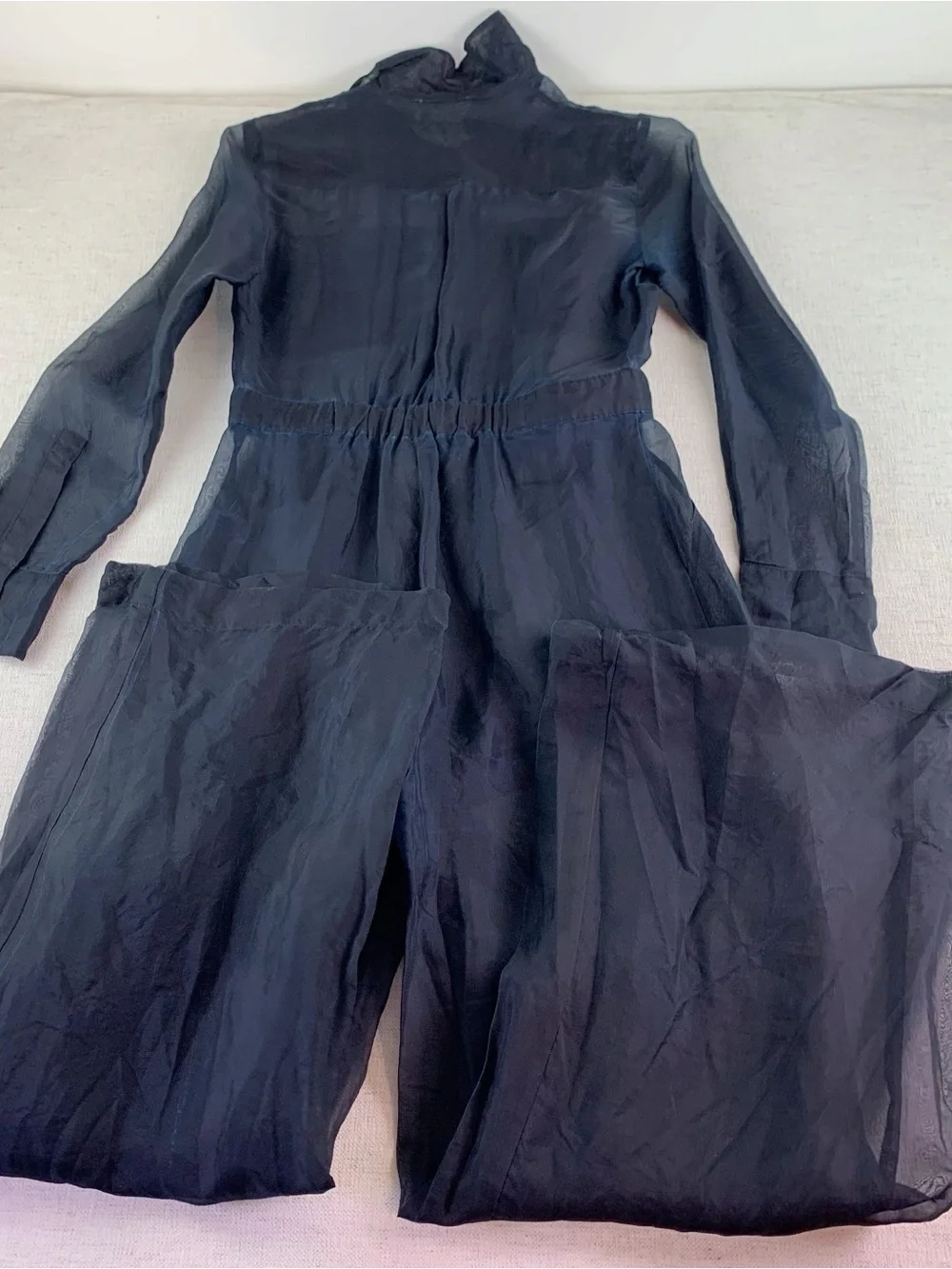 By Anthropologie Sheer silk Utility Jumpsuit long sleeve wide leg in black